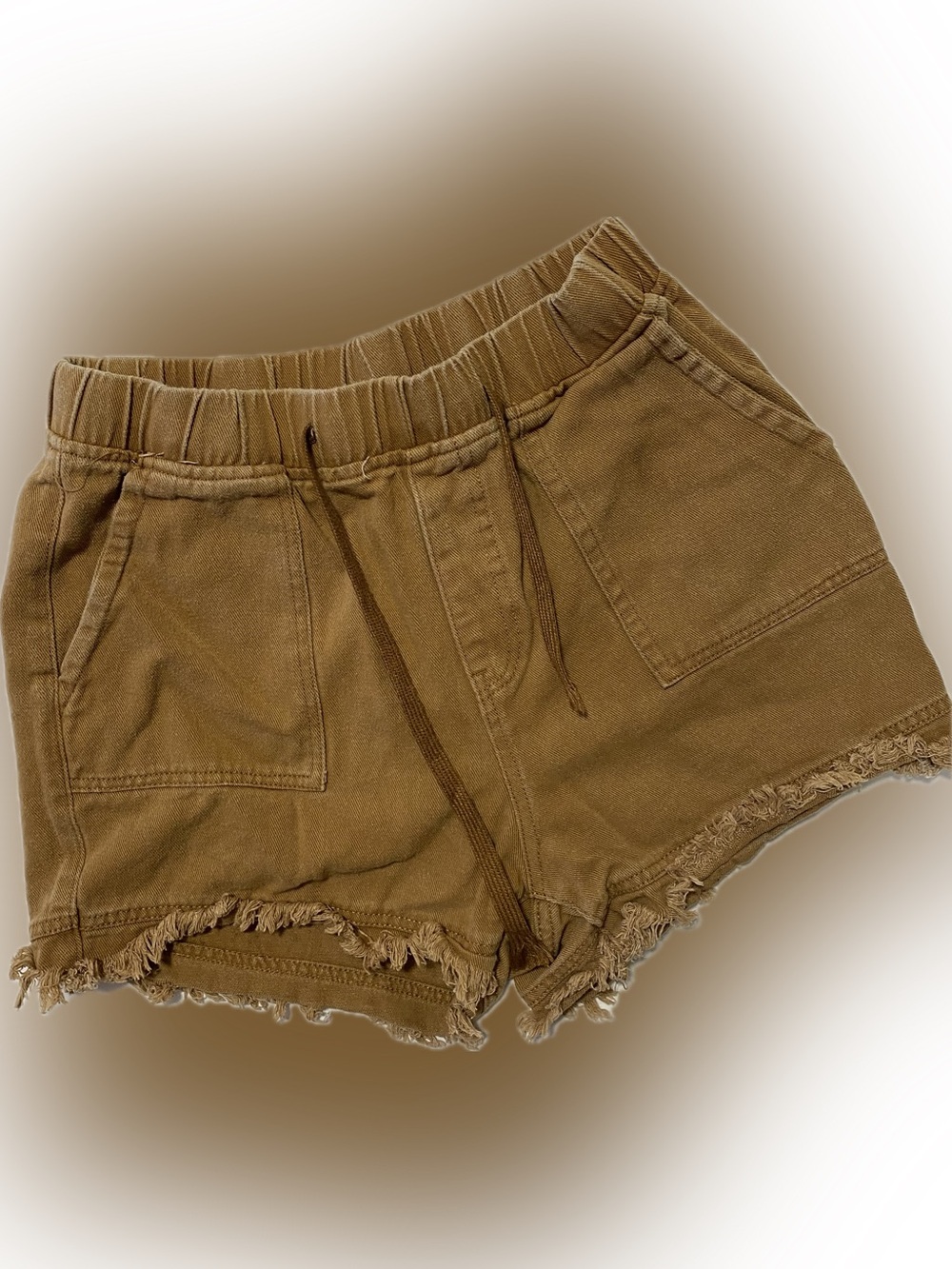 Frayed Hem Drawstring Jean Shorts in Tan
